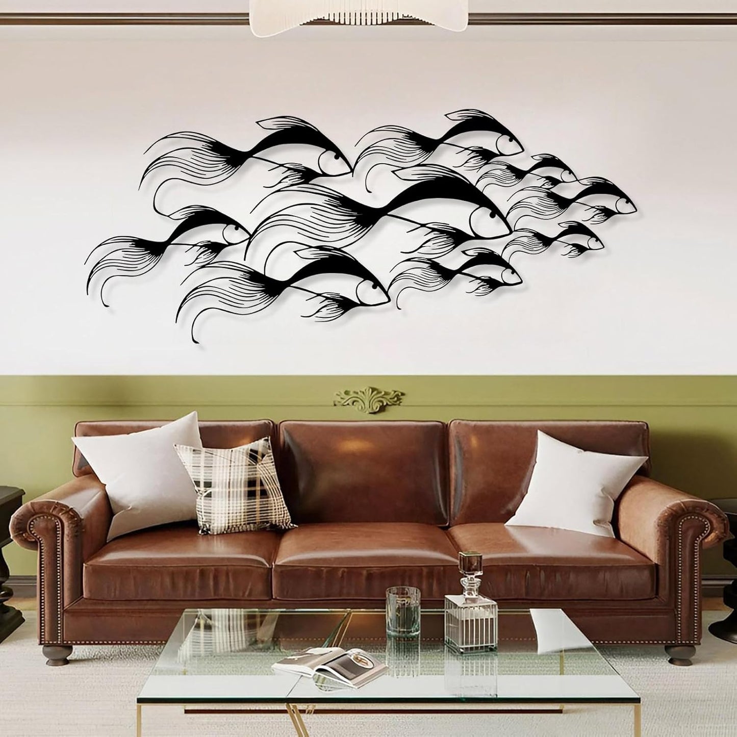 School of Fish Metal Wall Art, Metal Fish Wall Decor, Sea Life Wall Art, Large Nautical Wall Hanging, Modern Beach House Wall Decor, Ocean Themed Artwork for Bathroom (White, 24"x10" | 60x25cm)