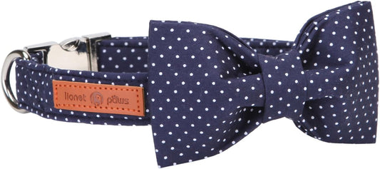 Lionet Paws Boy Dog Collar with Bowtie, Comfortable Adjustable Cute Navy Blue Bow Tie Collar for Male Dogs Gift, Medium, Neck 13.5-22 inches