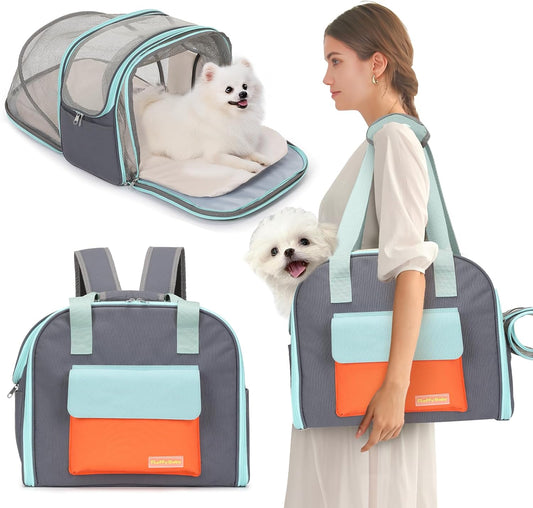 Expandable Pet Carrier Backpack, Cat Carrier Backpacks with Breathable Mesh for Cats Small Dogs Puppies Up to 25 Lbs Airline Approved Waterproof Travel Carrier with Safety Buckle for Hiking & Flights