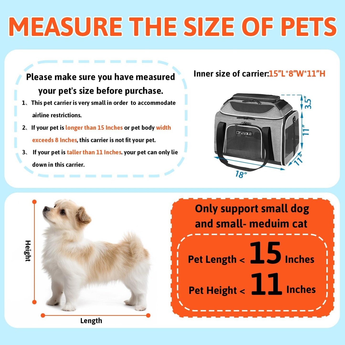Petskd Top-Expandable Pet Carrier 18x11x11 Inches Delta American United Airline Approved, Soft-Sided Carrier for Small Cats and Dogs with Locking Safety Zippers and Anti-Scratch Mesh(Grey)