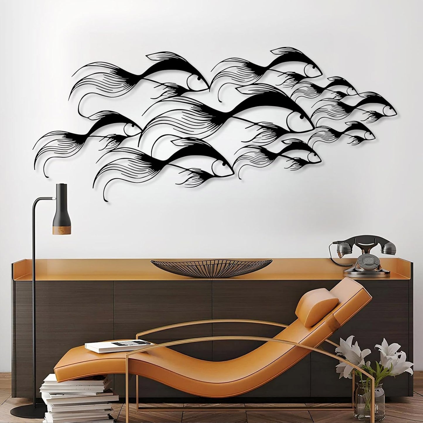 School of Fish Metal Wall Art, Metal Fish Wall Decor, Sea Life Wall Art, Large Nautical Wall Hanging, Modern Beach House Wall Decor, Ocean Themed Artwork for Bathroom (Gold, 59"x25" | 150x64cm)