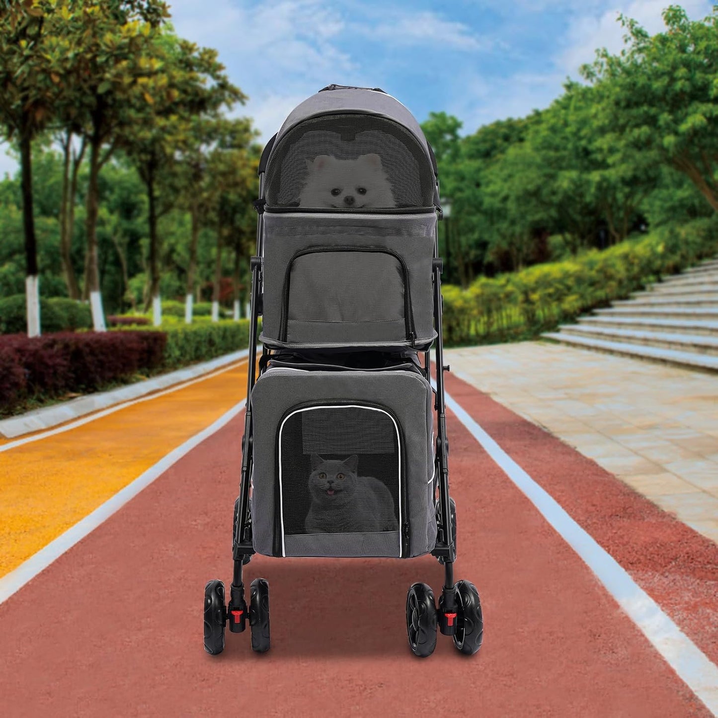 2 Tiers Pet Stroller,4 Wheel Dog Stroller Cat Strollers,3.07lbs Pet Gear Foldable Jogger Travel Cart,Grey Cat Carrying Cart with Storage Basket for Small Medium Pet (Grey)