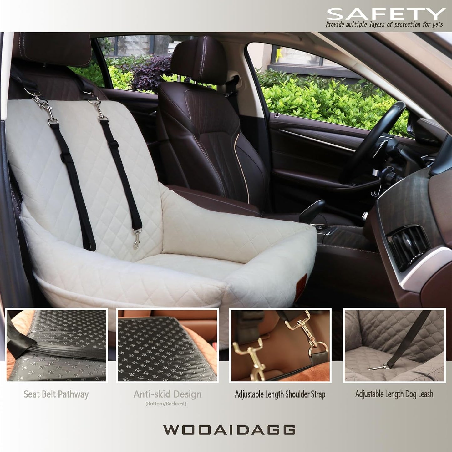 Dog Car Seat for Small Dogs,Ultra-Soft Fabric,2 Storage Pockets & Safety Leash,Adjustable Straps,Easy to Install,Fully Detachable and Washable(Beige)