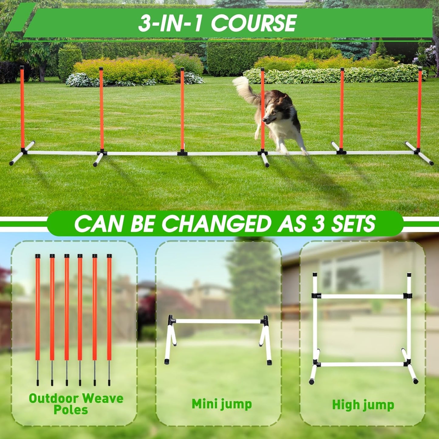 Dog Agility Course Backyard Set, Dog Agility Equipment, Pet obstacle Course Backyard with 6 Dual Mode Weave Poles, 2 Adjustable Hurdle, Jump Ring, Tunnel, Pause Box, Toy Balls and 2 Carrying Bags