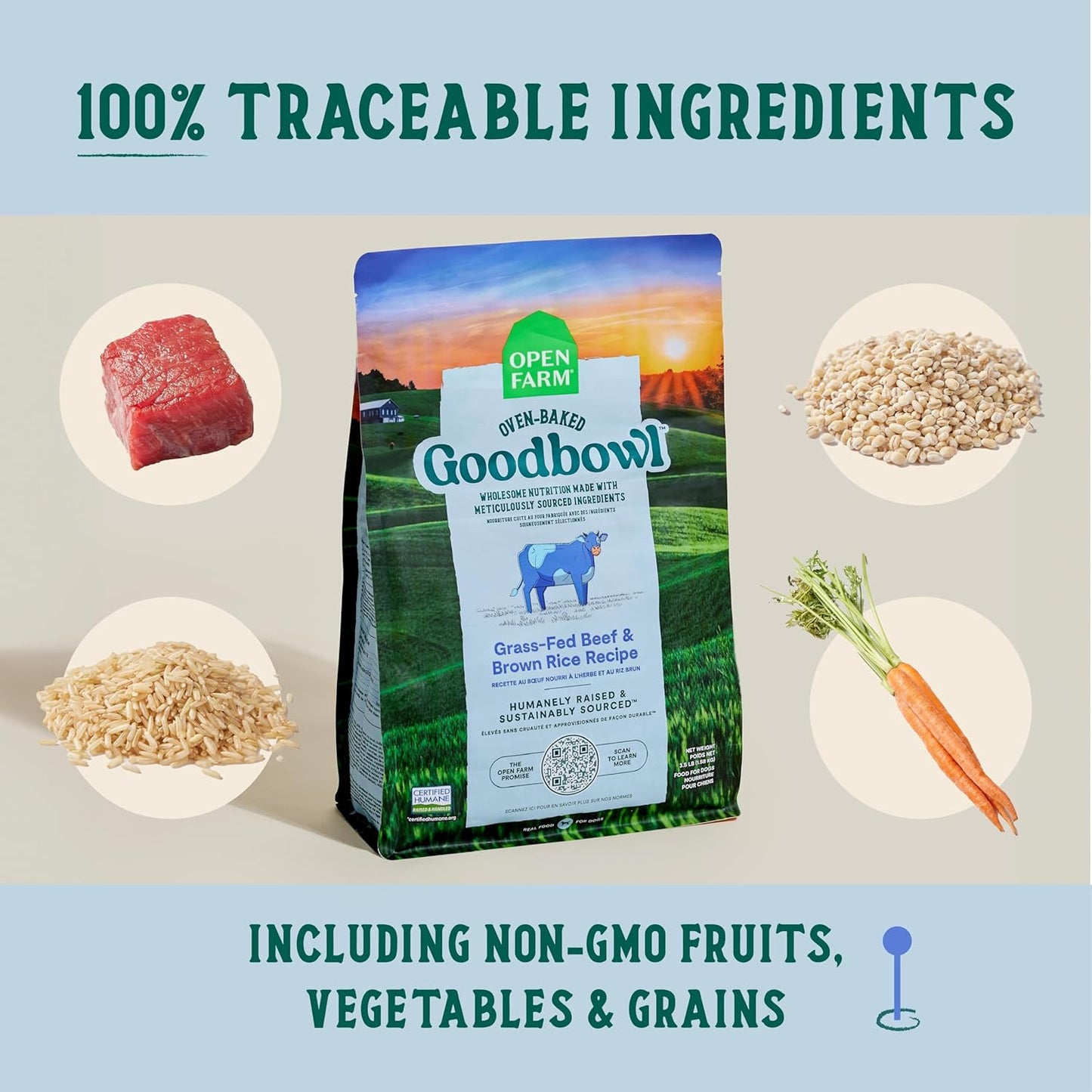 Open Farm Goodbowl, Oven-Baked Small Batch Dry Dog Food - Grass-Fed Beef & Brown Rice Recipe, Includes Non-GMO Produce & Grains, 3.5lb Bag (56oz Bag)