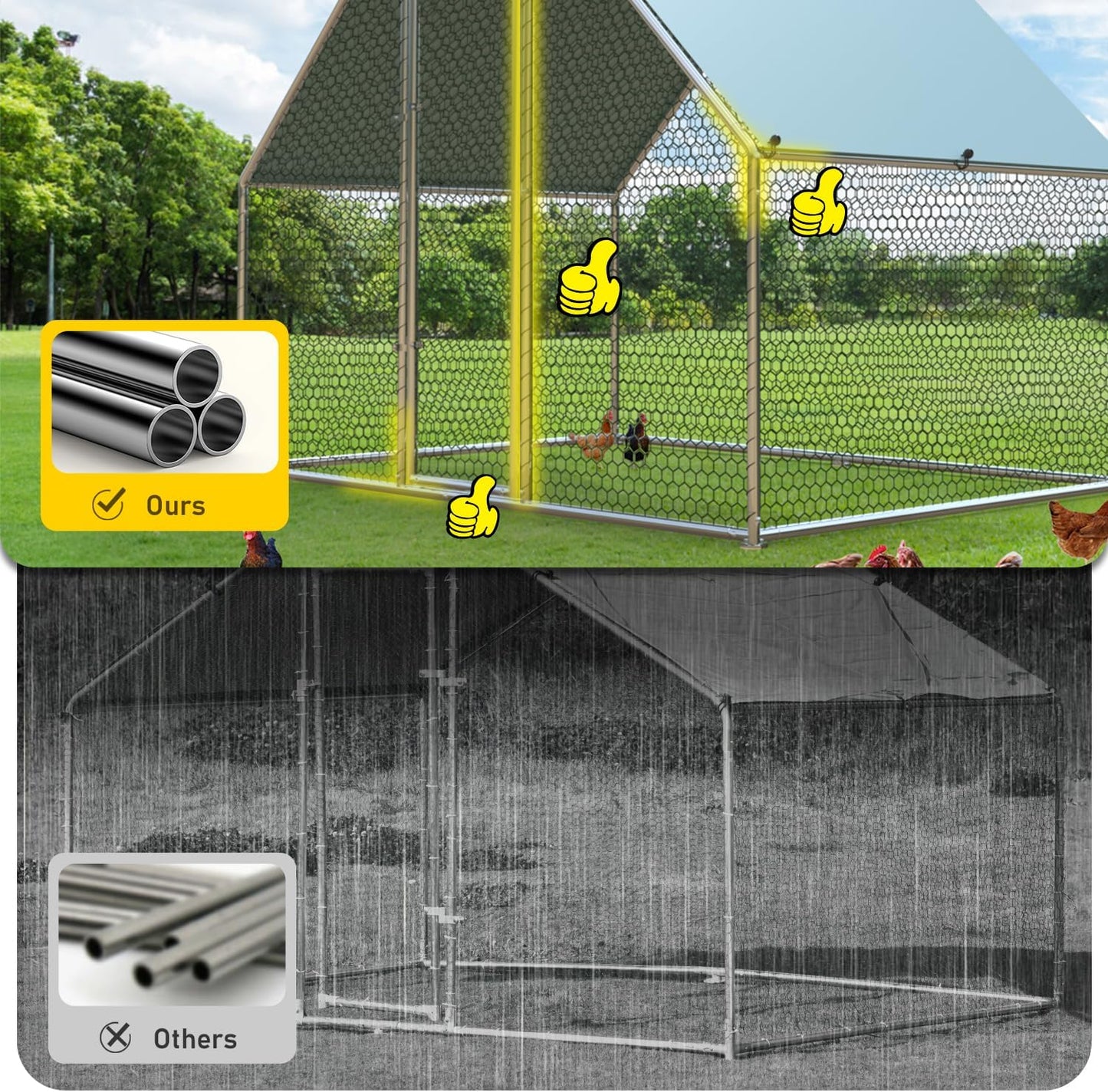 1.26’’ Large Metal Chicken Coop Walk in, Chicken Pen for Chickens, Outdoor Chicken Runs Coops Dog Kennel, Spire Roofed Chicken Runs for Yard with Anti-Ultraviolet Cover(9.8’Lx6.6’Wx6.4’H)