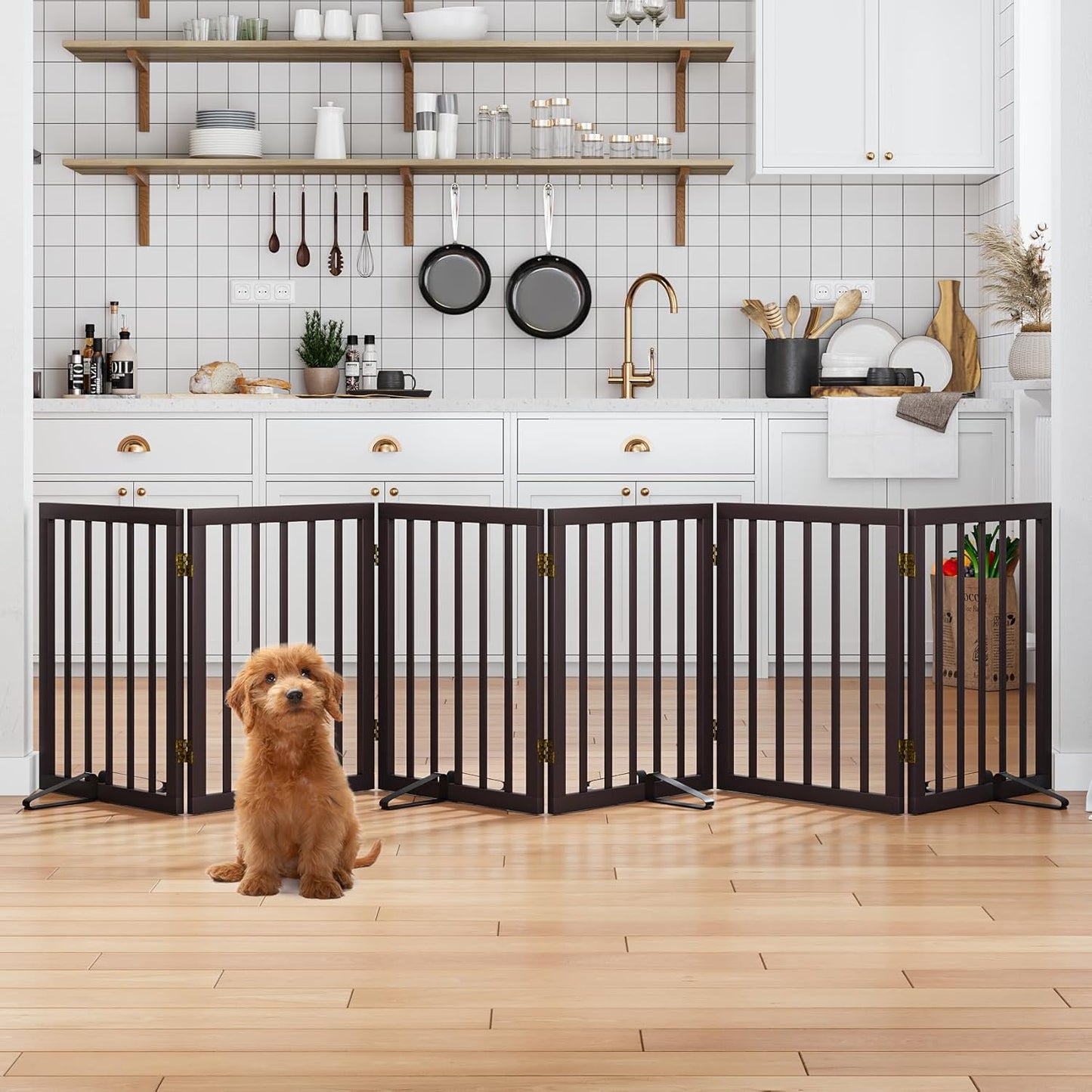 Dog Gates for The House Doorways Extra Wide 110 Inches Wood Freestanding Pet Gates for Dogs Indoor Fence with Support Stands