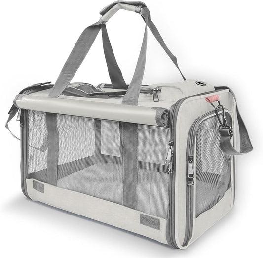 Pet Carrier for Large Cat Soft-Sided Animal Traveling Bag for Medium Cat up to 20lbs / Washable Small Dog Puppy 10 lbs Crate Case with Privacy Curtains for Home Outdoor Travel Beige White