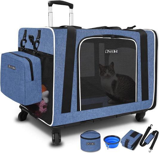 Petskd Extra Large Cat Carrier with Wheels and Litter Box 24"x17"x17" for Large Cat or 2 Small Cats, Collapsible Soft Sided Pet Carrier for Car Travel with Lockable Safety Zippers(Blue)