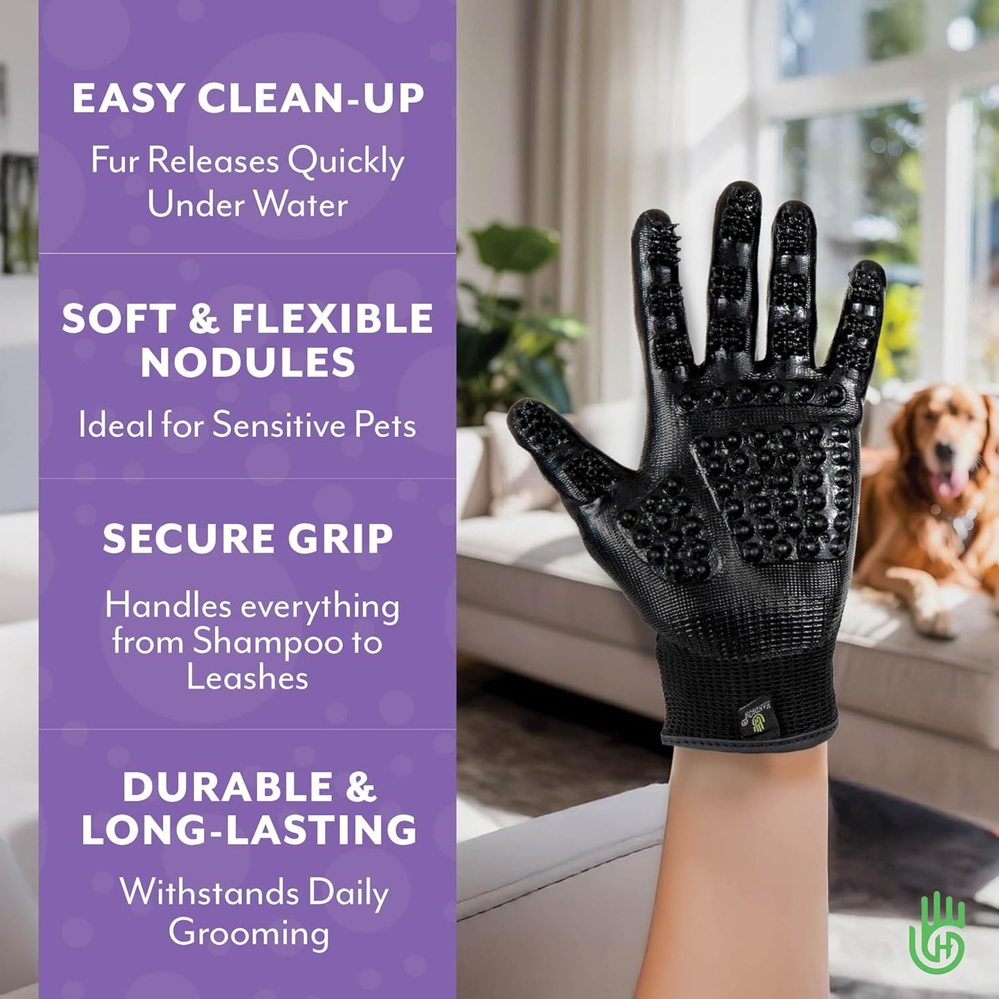 H HANDSON Pet Grooming Gloves - Patented #1 Ranked, Award Winning Shedding, Bathing, & Hair Remover Gloves - Gentle Brush for Cats, Dogs, and Horses (Mono Green, Junior)