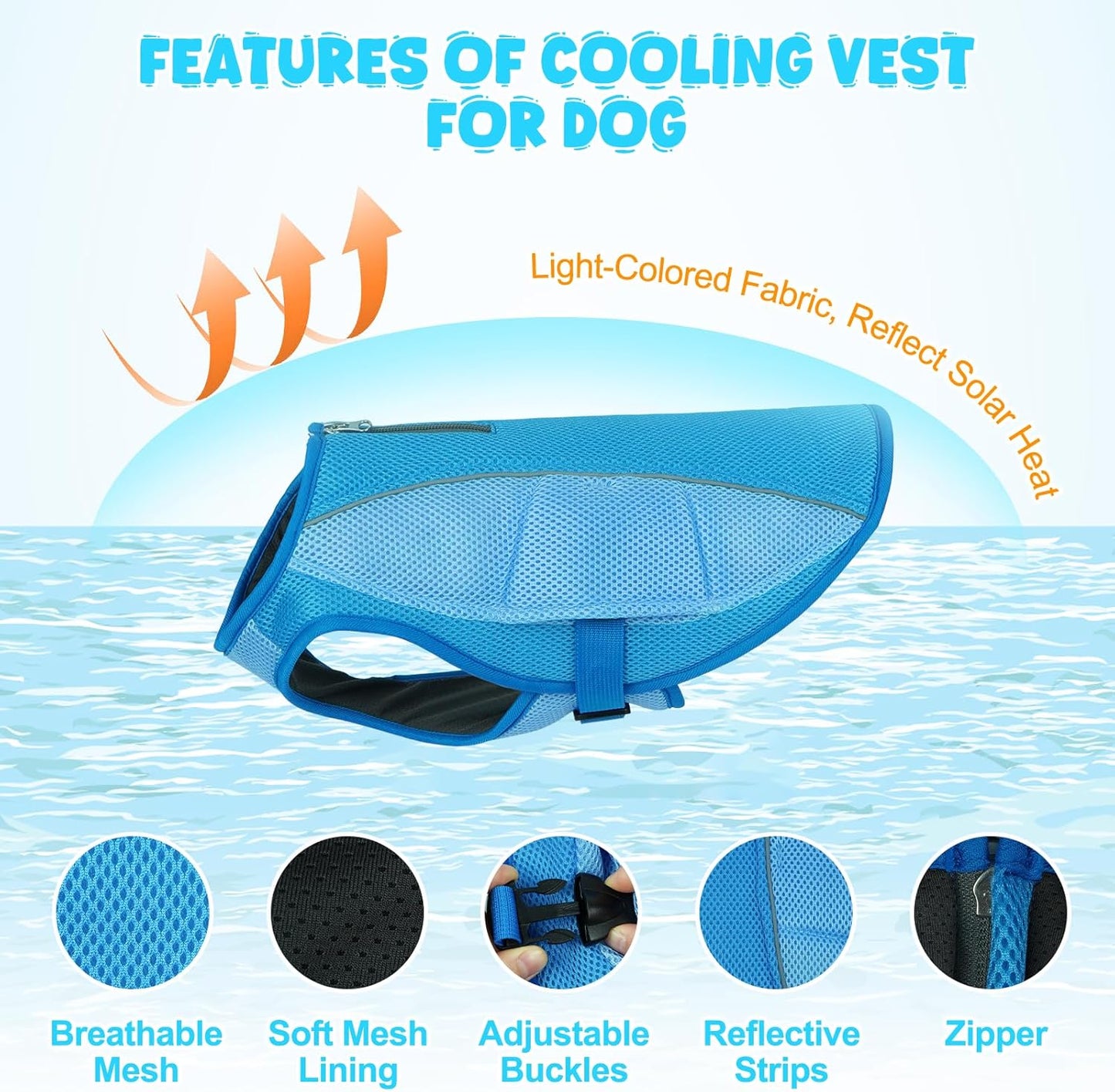 ROZKITCH Dog Cooling Vest, Evaporation Cooler Jacket with Adjustable Buckle for Outdoor Hunt Camp Training Reflective Design for Summer, UV Protection Dog Cooling Jacket Blue M