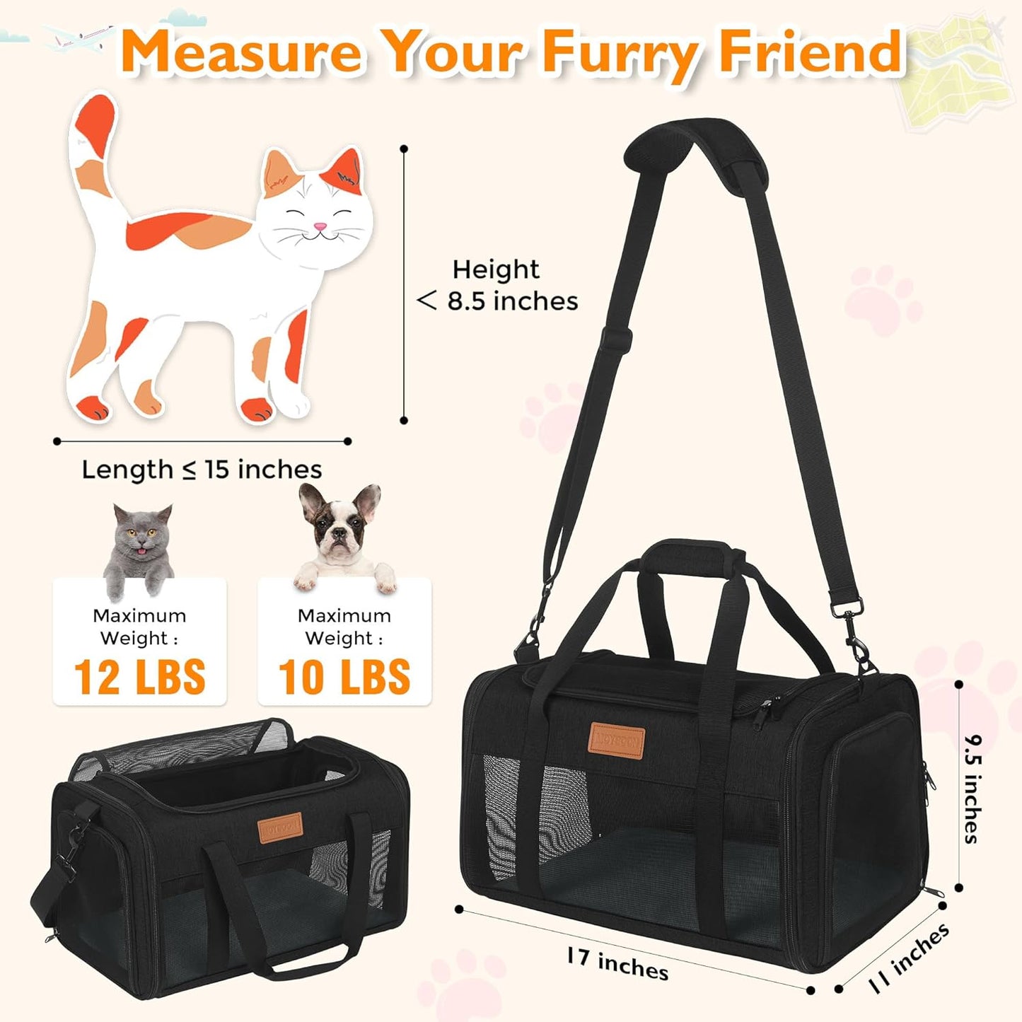 PETUX Pet Carrier Airline Approved, 17"x11"x9.5" Portable Cat Carrier Soft with Anti-Scratch Mesh for Small Cats up to 12 lb, Top Open Breathable Dog Carriers for Puppy up to 10 lb (Black)
