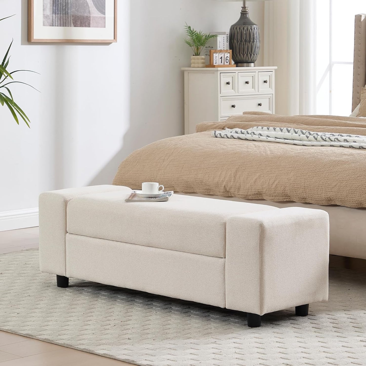 Beige Storage Bench for Entryway, 55" Bedroom Ottoman with Storage Large Linen Fabric Upholstered End of Bench with Lip for Living Room/Bedroom/Lounge/Shop, Beige