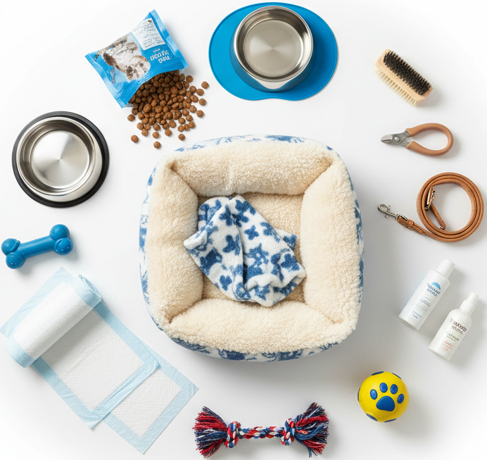 circle photo of puppy supplies, make a real photo